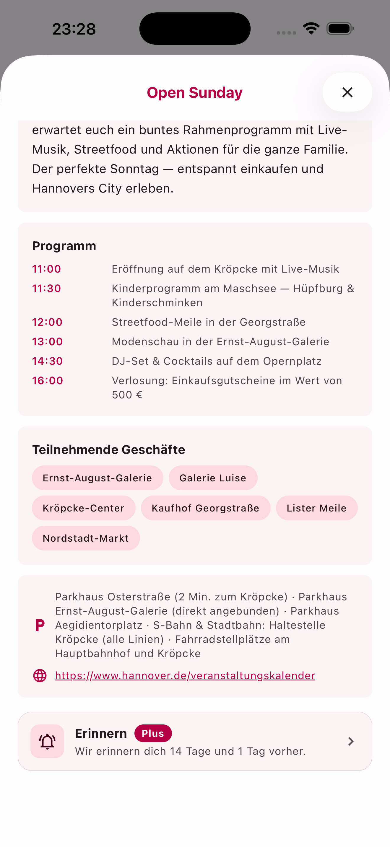 Stadtprofil in der App — Programm und Geschäfte